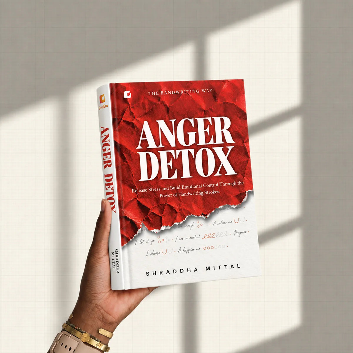 A hand holding the Anger Detox hardcover against a sunlit wall