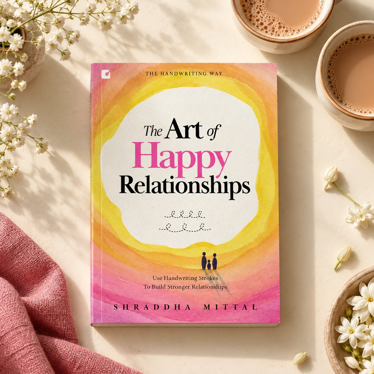 The Art of Happy Relationships hardcover on a table with tea and white flowers