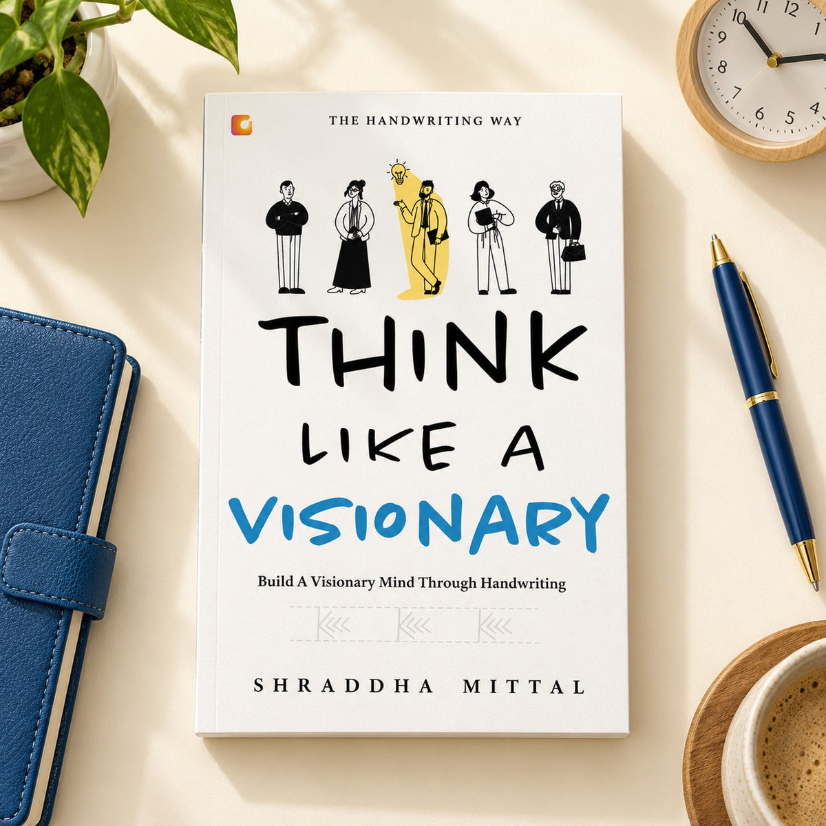 Think Like a Visionary hardcover on a desk with coffee and a pen