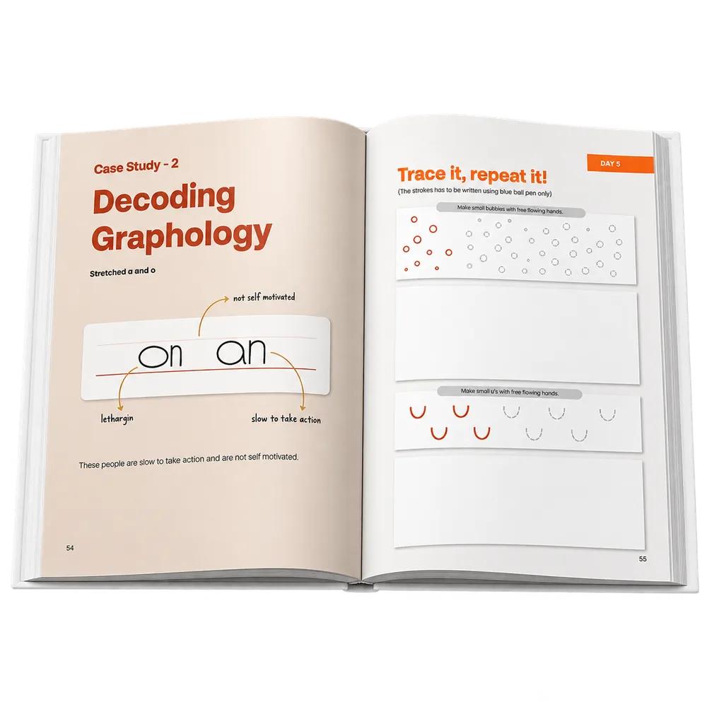 Open Anger Detox book showing a graphology case study and a 'Trace it, repeat it' practice page