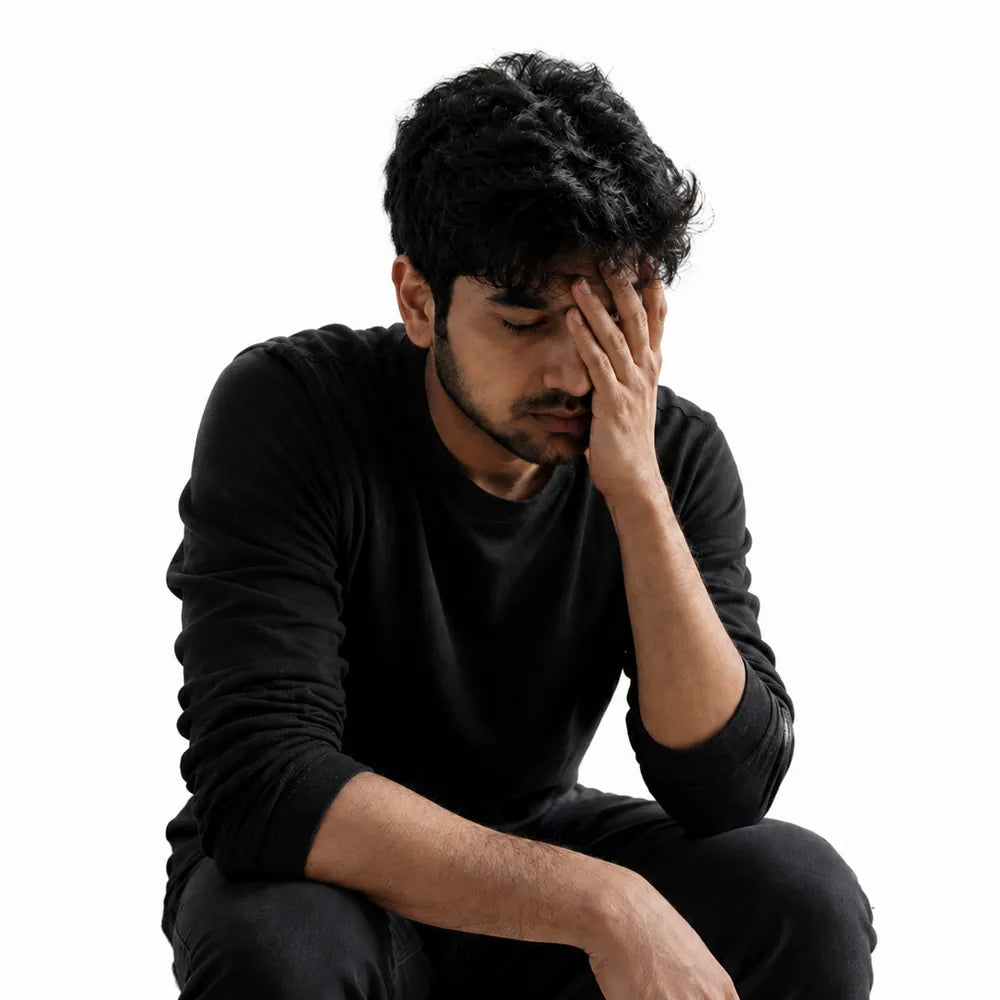 A young man sitting with his hand over his face, overwhelmed